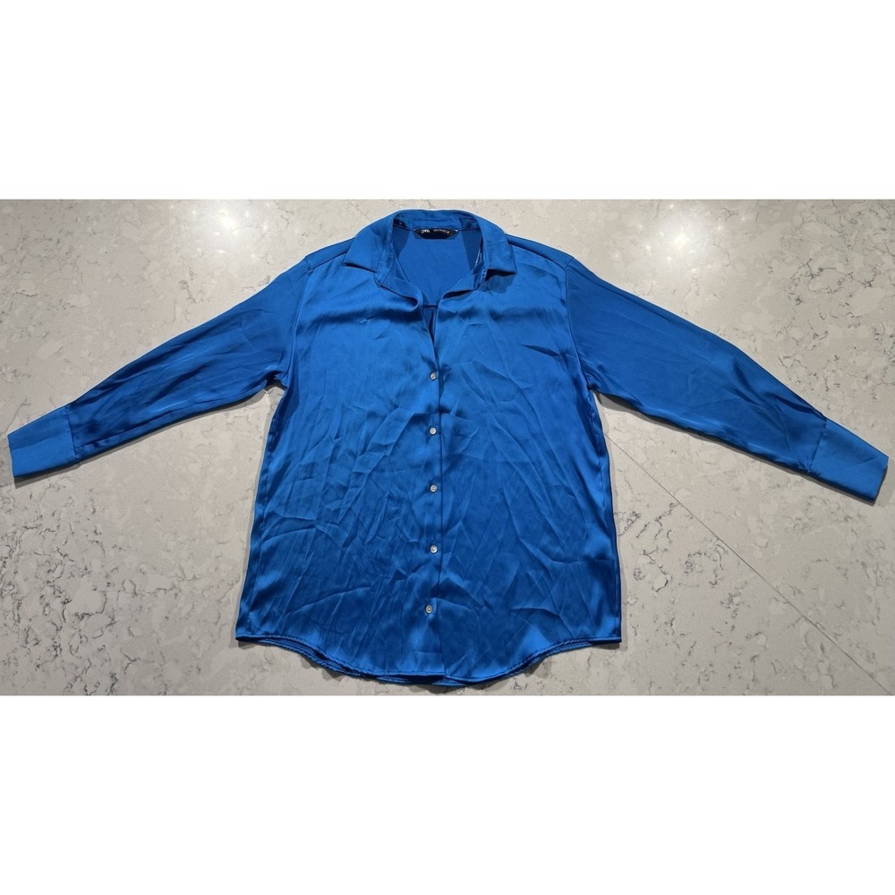 Zara Satin Effect Shirt Womens Small Blue Collared Button Up Flowy Glossy Blouse